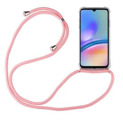 A pink phone case with a lanyard attached to a smartphone, presented on a white background.