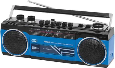A blue and black portable radio cassette recorder with an antenna extended.