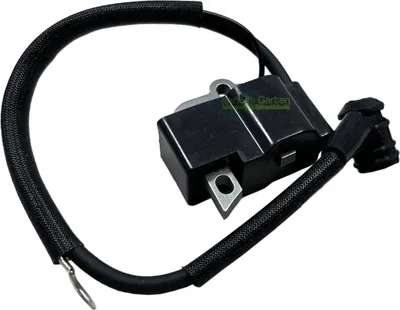 A black ignition coil with a wire harness, isolated on a white background.