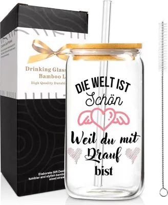 Image de gobelet en verre borosilicaté de 500ml avec couvercle et paille, cadeau pour une amie