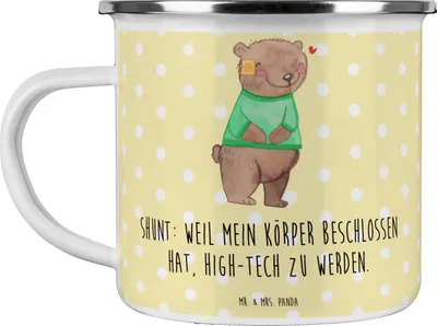 Produktbild von Mr. & Mrs. Panda Emaille Tasse Bär Shunt - Gelb Pastell - Geschenk, Teetasse, Blechtasse, Motivtasse, Kaffeepott, Pott