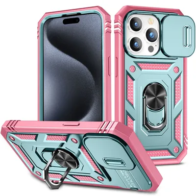 Obrázek produktu pro Pouzdro pro iPhone 15 Pro Max posuvná ochrana kamery, robustní nárazuvzdorné, s držákem prstenu, stojánkem a držákem na karty Růžový zelené