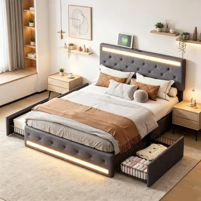 Produktbild von INONEFT Polsterbett 160x200 cm mit höhenverstellbarem Kopfteil, Doppelbett mit Lattenrost und 4 Schubladen, LED und USB-Steckdose, Leinen, Grau