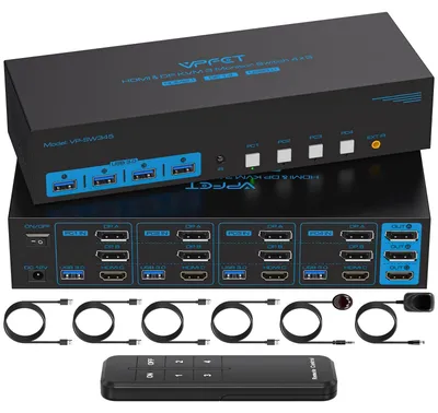 Zdjęcie produktu dla Przełącznik KVM obsługujący 4 komputery i 3 monitory, z wyjściami DisplayPort i HDMI, obsługujący rozdzielczość 8K przy 60 Hz