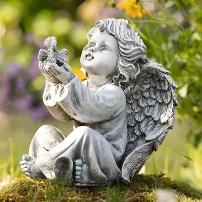 Produktbild von Figur "Engel" aus Polyresin, wetterfest, Engelfigur sitzend, 20 cm hoch, Weihnachtsdeko, Outdoor Gartendeko, Grabschmuck