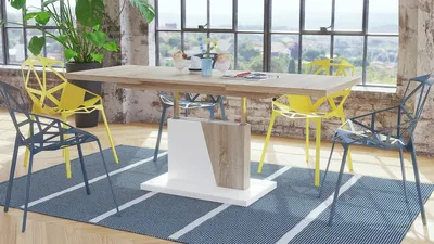 Produktbild von Grand Noir Couchtisch ausziehbar höhenverstellbar 120-180cm in Sonoma Eiche - Weiß matt modern vielseitig Wohnzimmertisch Esstisch Beistelltisch Sofatisch platzsparend hochwertig Wohnzimmer