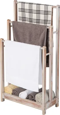 Immagine prodotto di Portasciugamani in legno autoportante, portasciugamani a 3 livelli con ripiano inferiore e protezione antiribaltamento, stendino leggero bianco