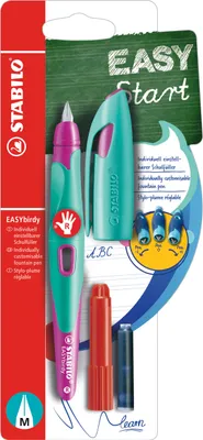 Produktbild von Ergonomischer Schulfüller für Rechtshänder mit Standard-Feder M - STABILO EASYbirdy in türkis/neonpink - Einzelstift - Schreibfarbe blau (löschbar) - inklusive Patrone und Einstellwerkzeug