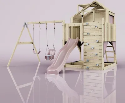 Produktbild von OutdoorToys Spielturm mit Spielhaus inkl. Wellenrutsche und 2x Kinder-Schaukel, Outdoor Klettergerüst Garten, Ausführung: Babyschaukel, Farbe: Altrosa, mit Babyschaukel
