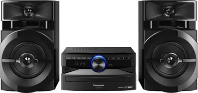 A black Panasonic SC-UX102 Hi-Fi system with two speakers and a central unit is displayed against a white background.