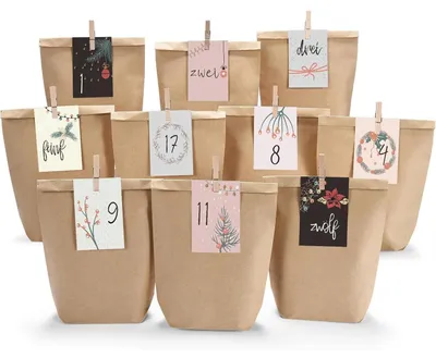Immagine prodotto di Calendario dell'Avvento da riempire, 24 sacchetti di carta resistente con cartoncini numerati, color marrone e multicolore