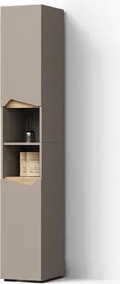 A tall, narrow cabinet with open shelves and doors, standing against a white wall with a shadow.