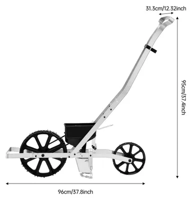 Immagine prodotto di Spargitore e fertilizzatore manuale – spargitore a spinta – Profondità di semina regolabile da 5 a 40 mm – Leggero in alluminio, 3,8 kg – 96x31,3x95 cm – Argento