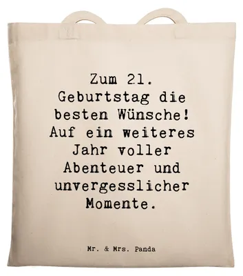 Produktbild von Mr. & Mrs. Panda Jutebeutel Spruch 21. Geburtstag - Transparent - Geschenk, Schultasche, Alter, Beutel, Jung, Tote Bag, Shopping Tasche, Freiheit, Persönlich, Glück