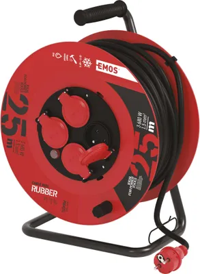 Venkovní prodlužovací kabel na bubnu 25 m / 4 zásuvky / černý / guma / 230 V / 1,5 mm2