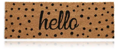 Productafbeelding van Relaxdays deurmat van kokosvezel, met de tekst "Hello", met stippen, 75 x 25 cm, antislip, geschikt voor binnen en buiten, naturel/zwart, AI-gegenereerde afbeelding