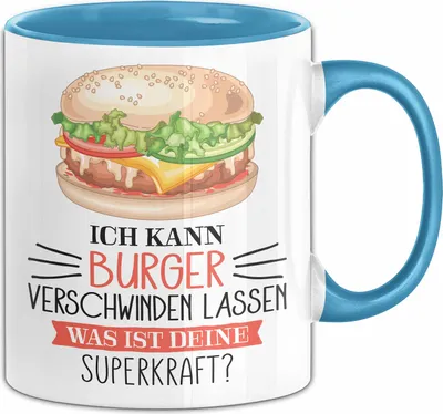 Produktbild von Burger-Liebhaber Tasse Geschenk Ich Kann Cheeseburger Verschwinden Lassen Was Ist Deine Superkraft (Blau)