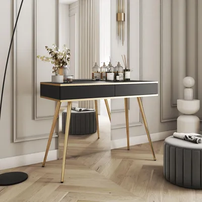 Productafbeelding van Kaptafelconsole FORNO, zwart en goud, Art Deco stijl, met 2 lades en gouden poten