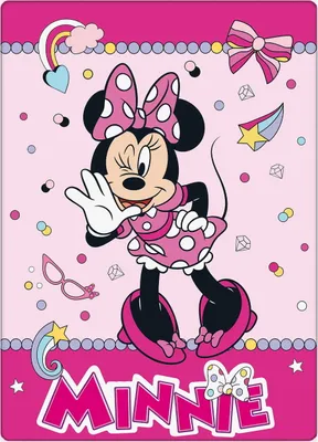 Minnie Mouse character with decorative elements like bows, stars, and gems on a pink background.