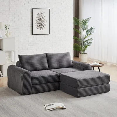 Produktbild von Cord-Schlafsofa 2-in-1 Cord Sofa Bett zwei Kissen geschwungene Armlehnen abnehmbare Fußstütze modular flexible Anordnung Grau