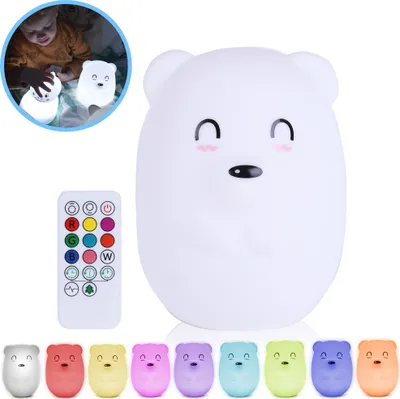 Produktbild von Kadoing® Bär Nachtlicht (Groß) - mit Tippfunktion und Fernbedienung - wiederaufladbar -Kinderlampe - Babylampe - Nachttischlampe - Kinderspielzeug