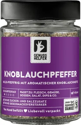 Produktbild von Knoblauchpfeffer Gewürzmischung, geschrotet, intensive Aromen für Fleischgerichte, zum Kochen und Grillen, 90g im Glas