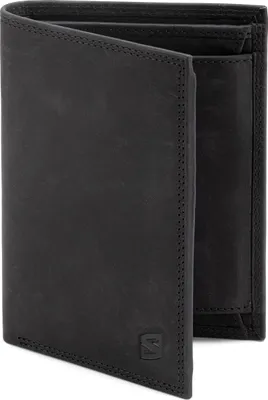 A black leather wallet is shown in a studio setting against a white background.
