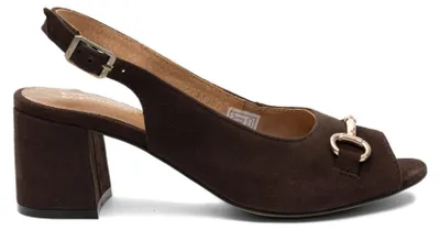 Produktbild von Peeptoe-Sandalen aus braunem Naturveloursleder mit goldenem Trensen-Detail, 6 cm Absatz