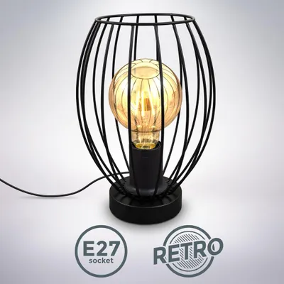 Immagine prodotto di B.K.Licht, Lampada da comodino con paralume in filo metallico, attacco per lampadina E27 non inclusa, lampada da tavolo vintage, altezza 25.6cm, interruttore sul cavo, metallo nero