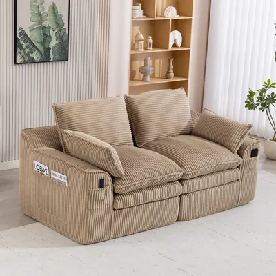 Produktbild von MODFU Zweisitzer Sofa,Modulares Sofa,Big Sofa mit Kissen & 2 Seitentaschen,Cord,Khaki