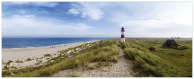 Produktbild von Wallario Wandbild aus Acryl, 125 x 50 cm, freischwebende Optik - Am Strand von Sylt  Leuchtturm auf der Düne  Panorama