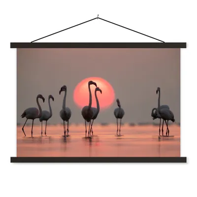 Produktbild von MuchoWow® Textilposter Vogel - Flamingo - Sonnenuntergang - Rosa 150x100 cm mit schwarzem Rahmen - Schlafzimmer