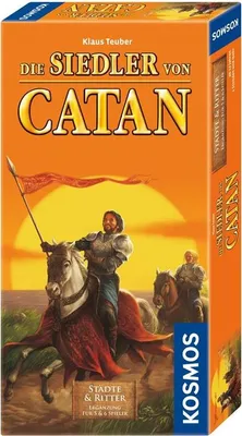 The image shows the front and side panel of a board game box, featuring knights on horseback against a sunset.
