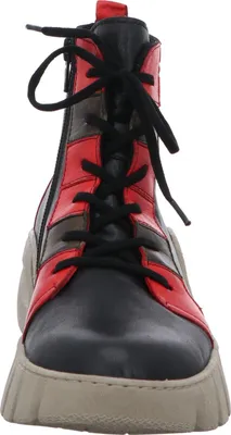 A front view of a black, red, and gray leather boot with a thick sole.
