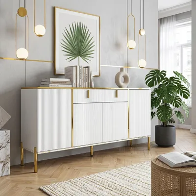 Produktbild von 160 cm Sideboard mit 1 großen Schublade 4 Türen, Kommode mit Verstellbaren Einlegeböden, mit 5 Füßen, Weiß und Gold, 160 x 40 x 80 cm
