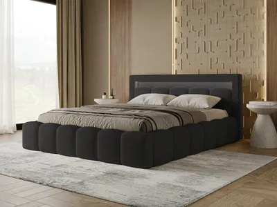 Produktbild von Chilly Möbel Design Bett Lumi - Polsterbett mit Bettkasten und LED-Beleuchtung 200x200 cm / Bouclé / Schwarz