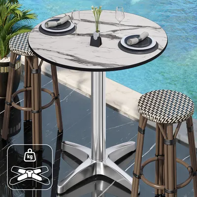 Produktbild von CPBL | HPL Compact Bistro Stehtisch | Ø 60 x 110 cm | + Zusatzgewicht | Weiß Marmor / Aluminium | Bistrotisch Gastro Steh Tisch