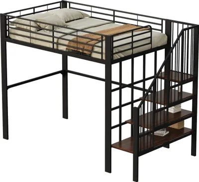 Produktbild von Hochbett mit Lattenrost, Treppe und Rausfallschutz, 140x200 cm, Metallbett, Kinderbett, Jugendbett