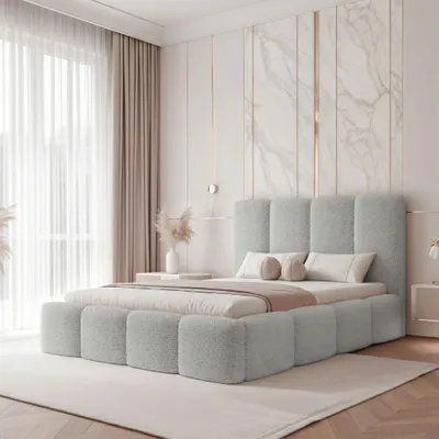 Productafbeelding van Gestoffeerd bed LANDARE 200x200, platingrau, boucle teddy stof, met opbergruimte en lattenbodem