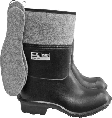 A pair of black rubber boots with gray felt lining and insoles, shown against a white background.