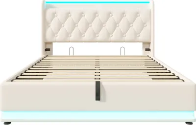 Produktbild von Flieks Polsterbett 160x200cm mit Ladefunktion (USB&Typ-c), Jugendbett Doppelbett Stauraumbett mit LED, Hydraulisches Boxspringbett, PU, Weiß