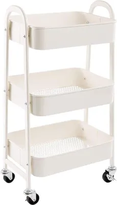 Produktbild von Dreifach-Opbewahrungswagen aus Metall, Utility-Wagen mit Rädern, Organizer-Trolley für Küche, Bad, Büro, Weiß