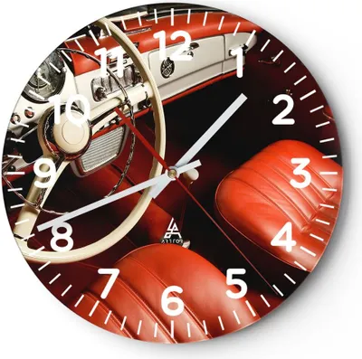 Produktbild von Wanduhr - Rund - Glasuhr - Auto Innenraum Klassisch - 40x40cm - Schleichendes Uhrwerk - Lautlos - zum Aufhängen bereit - Dekoration Modern - Wanddekoration aus Glas - C4AR40x40-0149