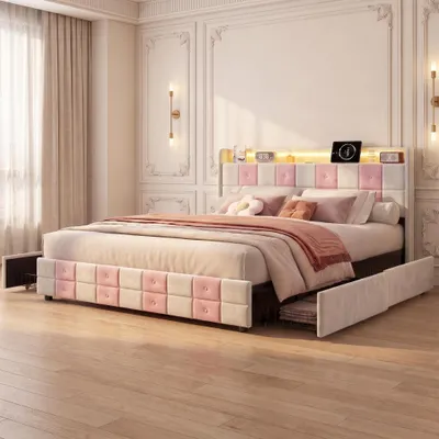 Immagine prodotto di Letto imbottito INONEFT, 140x200 cm, con contenitore, 4 cassetti, letto matrimoniale con illuminazione LED e porte USB/Type-C, struttura del letto con rete a doghe, rivestito in velluto, colore rosa