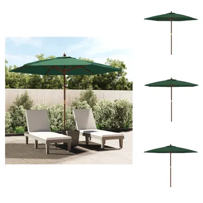 A patio scene with two lounge chairs and a large green umbrella, alongside three separate images of green umbrellas on white backgrounds.
