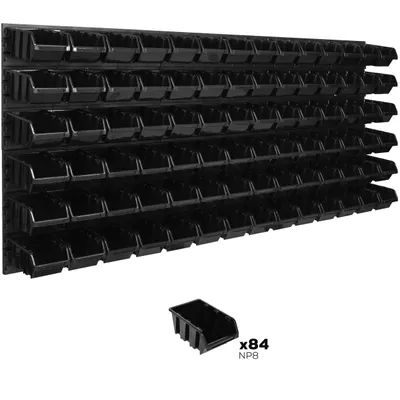 A wall-mounted storage system with multiple black bins, with one bin shown separately below.