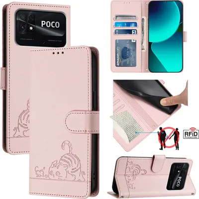 Produktbild von Leder Hülle für Xiaomi Poco C40 / Redmi10C Süße Katze Flip Case Brieftasche Schutzhülle mit Standfunktion Pink