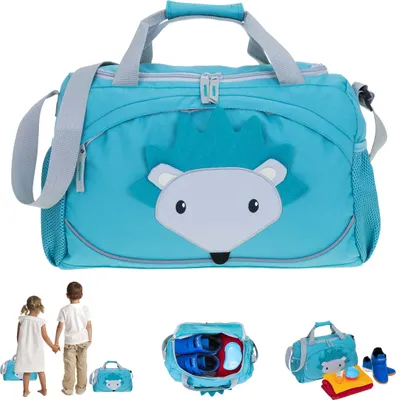 Produktbild von Sporttasche für Kinder Jungen Mädchen Kindersporttasche Elephant Kids Reisetasche klein 38 x 22 x 18 cm, 14 L, Sport Turnen Reise sportsbag Tiermotiv 356 Igel (Türkis Grau) Waldtiere