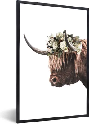 Produktbild von MuchoWow® MuchoWow® Gerahmtes Poster Schottisches Hochlandrind - Blumen - Weiß 20x30 cm - Poster mit zchwarzem Bilderrahmen - Drucken - Bilder Poster im Rahmen