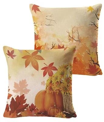 Kissenbezug-Set 2er, 45x45 cm, Herbstmotiv Kürbis & Blätter
